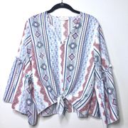 Lavender Field Aztec Print Tie Front Blouse Size Medium