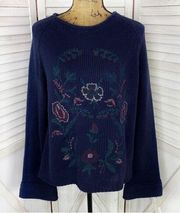 Francesca’s Alya Floral Stich Bell Sleeve Sweater Blue Multi Large Cross Stich