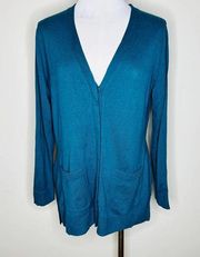 Isaac Mizrahi Live Sweater MEDIUM Teal Cardigan Button Front V-Neck Knit Cotton