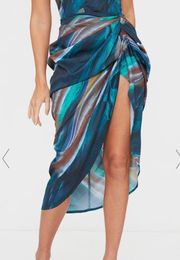 Emily in Paris TURQUOISE MARBLE PRINT RUCHED SIDE MIDI SKIRT
