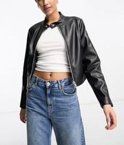 Design Faux Leather Shrunken Moto Biker Jacket in Black