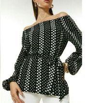 Karen Millen, New, Black Spot Polka Dot Print Bardot Tie Top Blouse, Size Small