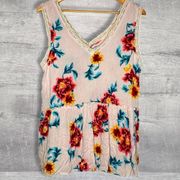 Kori America Sleeveless Floral Blouse NEW Women L Peplum V Neck Lace Accent Pink