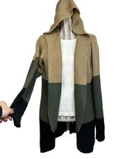 Cozy Chunky Color-block Hooded Sweater Cardigan Black Tan Foresst Green XL