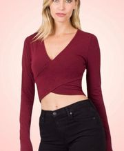 Zenana Red Twist Front women’s long sleeve crop top size medium wine casual