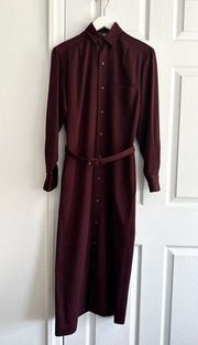 Polo Ralph Lauren Blue Label Vintage Wool Burgundy Button Down Belted Maxi Dress