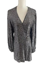 Buddy Love Adeline Sequin Wrap Dress Black Silver Tie Strap Size Large - EUC