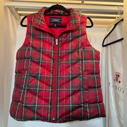 EUC Lands End women’s Puffer Vest M - Red, blue, yellow, white, & green plaid