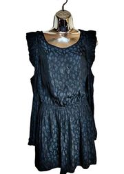 AVEC LES FILLES Romper Animal Print Black Teal Cold Shoulder Ruffle LS Small EUC