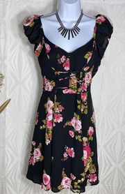 BlackFloral Dress Corset Bodice Cap Sleeves