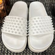 Christian Louboutin White Spike Studded Pool Slides Mules Sandals red bottoms 38