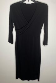 Tahari black ruched three quarter sleeve dress