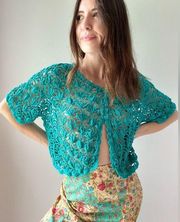 Jessica London Cropped Crochet Blue Short Sleeve Cardigan