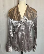 Fred David Stretch Silver Accordion Long Sleeve Button Up Blouse Size Medium