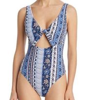 MINK PINK Women's Blue Boho Bounty Tie Front One Piece Swimsuit Small