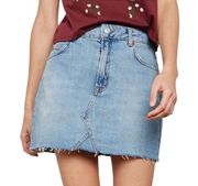 Moto Frayed Hem Denim Mini High Rise Jean Skirt Medium Wash Blue