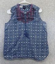 Blue Saks Fifth Avenue Women's Blouse Sleeveless Boho Embroidered Tassel Cotton