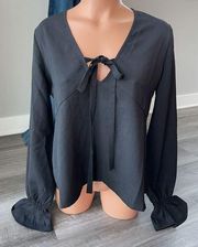 Line And Dot Black V-neck Blouse S Long Sleeve Shirt Top Smocked Wrist NWT L6