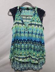 French Laundry Green Blue Watercolor Sleeveless V-Neck Women's Blouse Size 1X