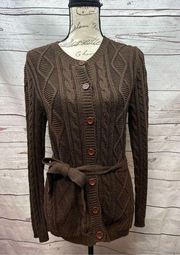Jeanne Pierre small cotton brown long sleeve cardigan sweater with tie around wa