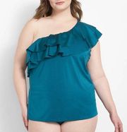 Relaxed No-Wire Shimmer One-Shoulder Swim Tankini Top Spruce 18 new