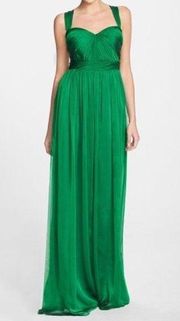 Monique Lhuillier Shirred Chiffon Gown Bridesmaid SIZE 4 in GREEN