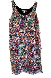 KENNETH COLE NEW YORK Blue Pink Rainbow Floral Tiered Ruffle Dress PETITE 12P