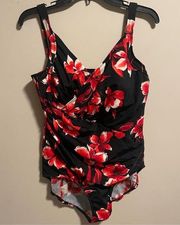 Miraclesuit Tummy Control Slimming Red Black Floral One Piece Swimsuit- Size 10