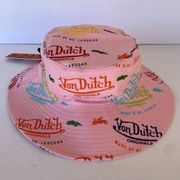 NWT VON DUTCH PINK ALL OVER LOGO PRINT BUCKET HAT - ONE SIZE