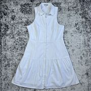 Tiered Sleeveless White Mini Dress Size 6 Button Down Pockets Tennis Style