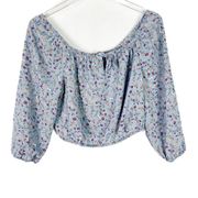 NWT Pink Rose Floral Cropped Peasant Top Blue Size Small S NEW