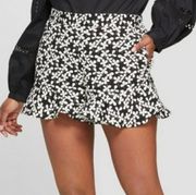 Black and White Floral Print Ruffle Hem Shorts