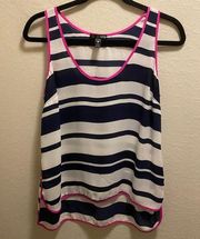 Bloomingdales Aqua Blue & White Striped W/ Pink Trim High-Low Blouse Size Small