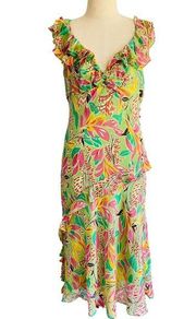 VTG Y2K BCBG MAXZRIA Floral Spring Colorful Pink Green Silk Ruffle Dress S ASO