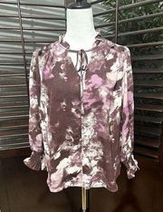 Cooper & Ella Women's Ruffle Neck Long Sleeve Purple Abstract Blouse S NWT