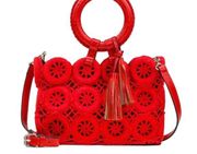 Patricia Nash Vobbia Crochet Leather Small Tote Shoulder Bag in Papaya Red