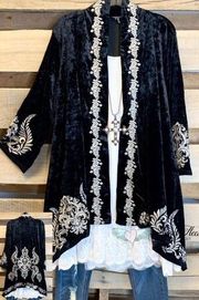 Andrée by Unit Boho Embroidered Velvet Open Front Cardigan Kimono S