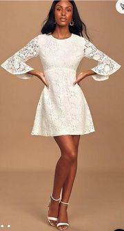 Lulus Lulu’s Favorite Flair White Lace Flounce Sleeve Dress