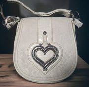 Brighton Womens Cross Body Mini Flap Saddle Bag Leather White Silver Heart Purse