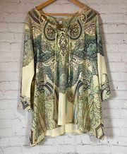 One World XXL Tunic Paisley Cream Green Ivory Boho Top Shirt Flowy Flare