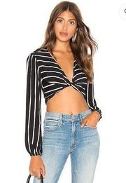 That's a Wrap Black White Striped Long Sleeve Wrap Crop Tie Top M NWT