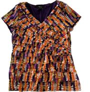 Style & Co Shirt Womens X-Large Orange Purple Black White Printed V-Neck Nylon