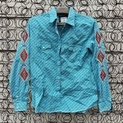 Panhandle Slim Roughstock teal southwestern embroidered sleeve pearl snap shirt