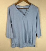 Orvis Womens Top T-Shirt Sz Medium Light Blue Split Neck 3/4 Sleeves Pima Cotton