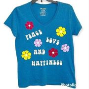 Gildan Women’s Blue Custom “Peace, Love & Happiness” Short Sleeve V-Neck Tee Size M