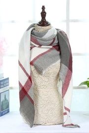 Burgundy Red Gray White Plaid Blanket Scarf Fringe