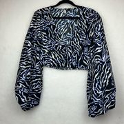 ANIMAL PRINT BALLOON PUFF LONG SLEEVES CROPPED BLOUSE Sz Large SMOCKED WAIST