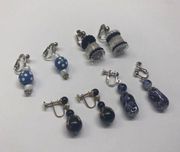 Lot Of 4 Costume Earrings Vintage Clip On Screw On Blue / Black Bead Dangle Mix