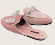 Victoria’s Secret Pink Velour Velvet Fabric Rhinestone Bow Slip On Slipper S