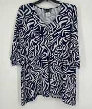 Slinky Brand Tunic Top Blue White Abstract Print 3/4 Sleeves Stretch Size XL